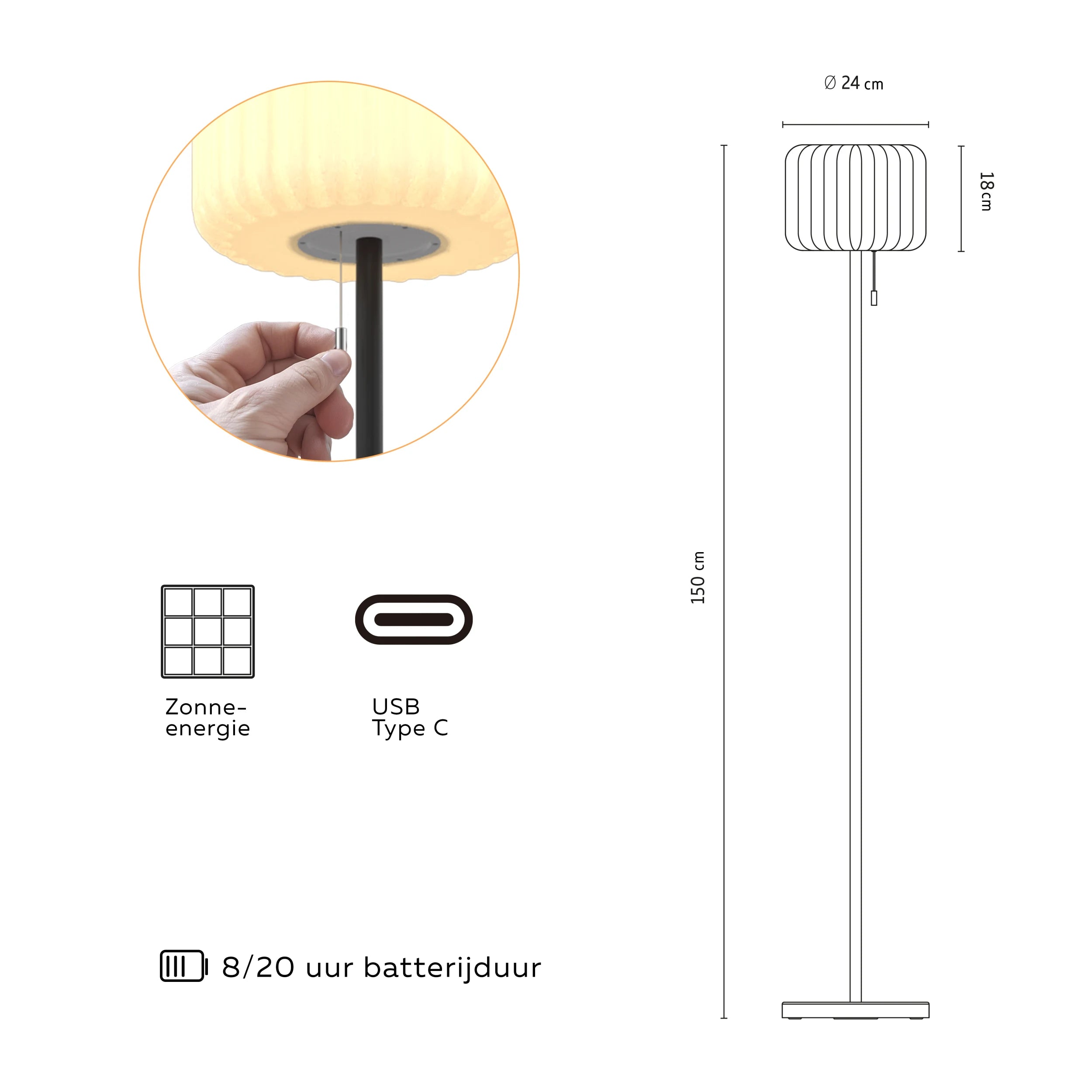 Calex Latina Outdoor Floor Lamp - Rechargeable and Solar - Black