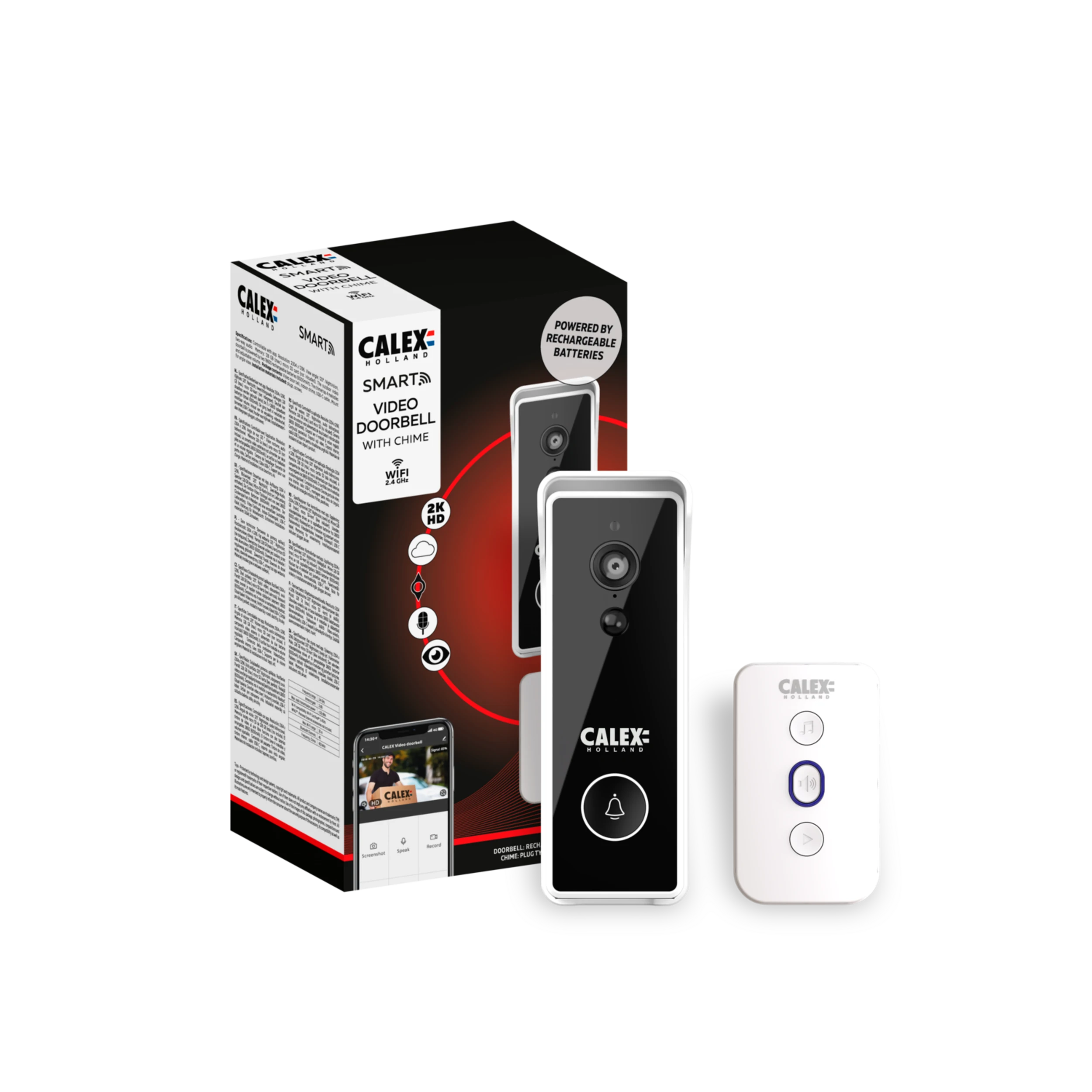 Calex Smart Video Doorbell - 2K - Wireless - Black