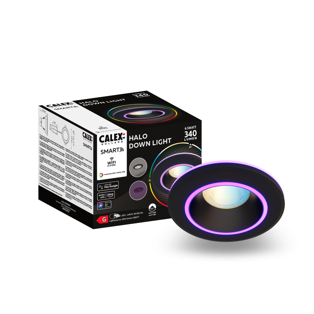 Calex Slimme Halo LED Inbouwspot Zwart - RGB en Warm Wit - 6.5W