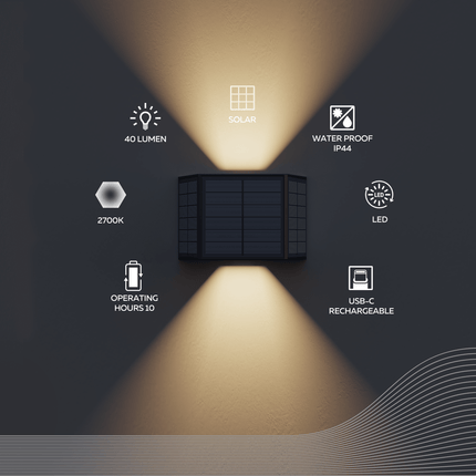 Calex Caserta Solar Wall Light - Up & Down - Black