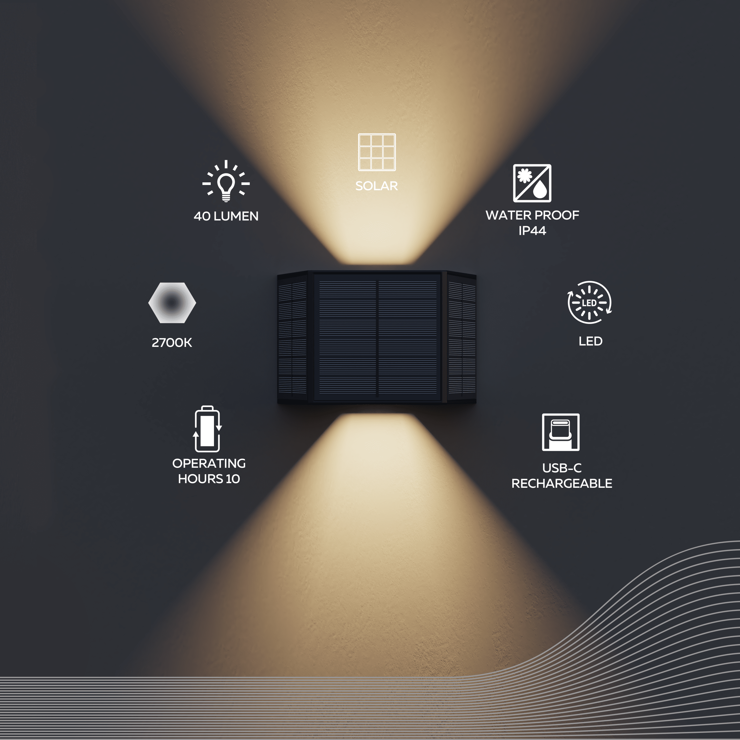 Calex Caserta Solar Wall Light - Up & Down - Black