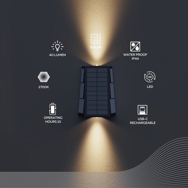 Calex Matera Solar Wall Light - Up & Down - Black