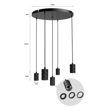 Calex Pendant Light - 5x E27 - 50cm - Black