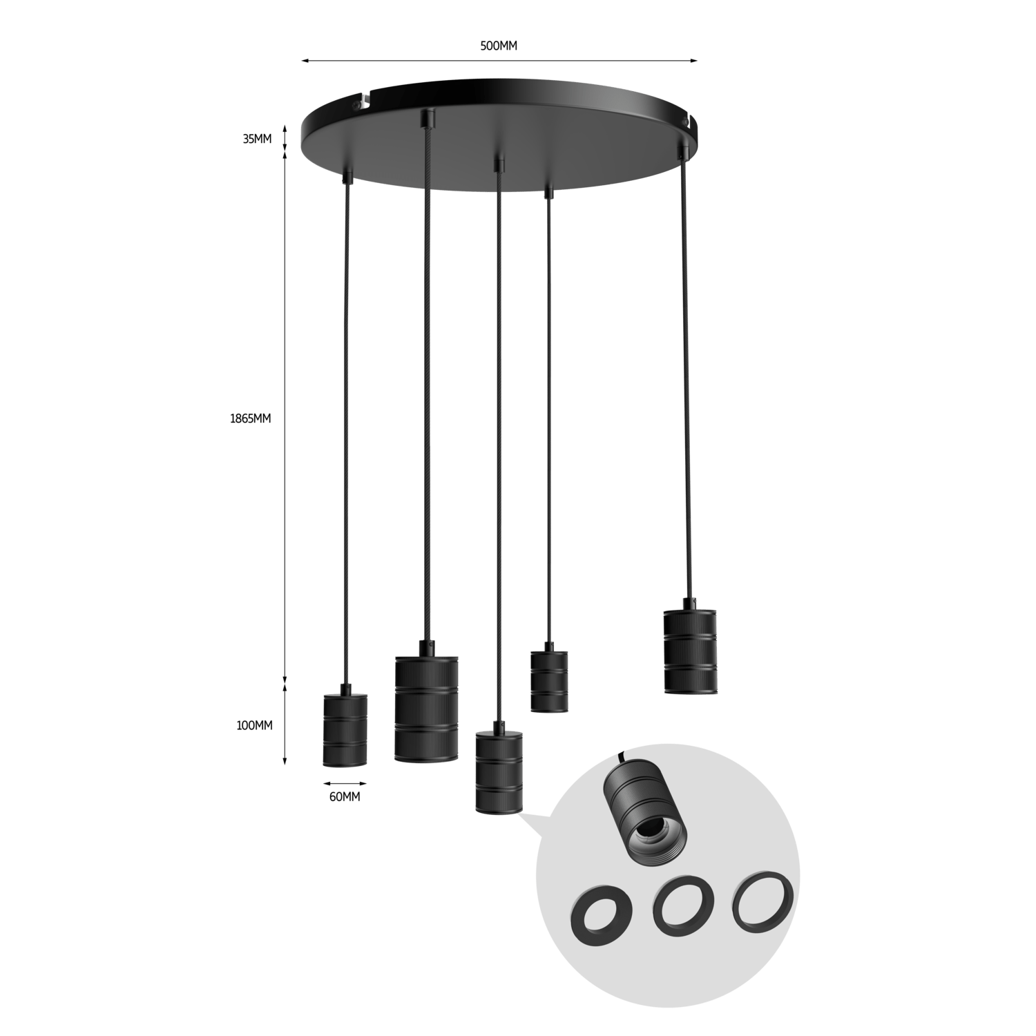 Calex Pendant Light - 5x E27 - 50cm - Black
