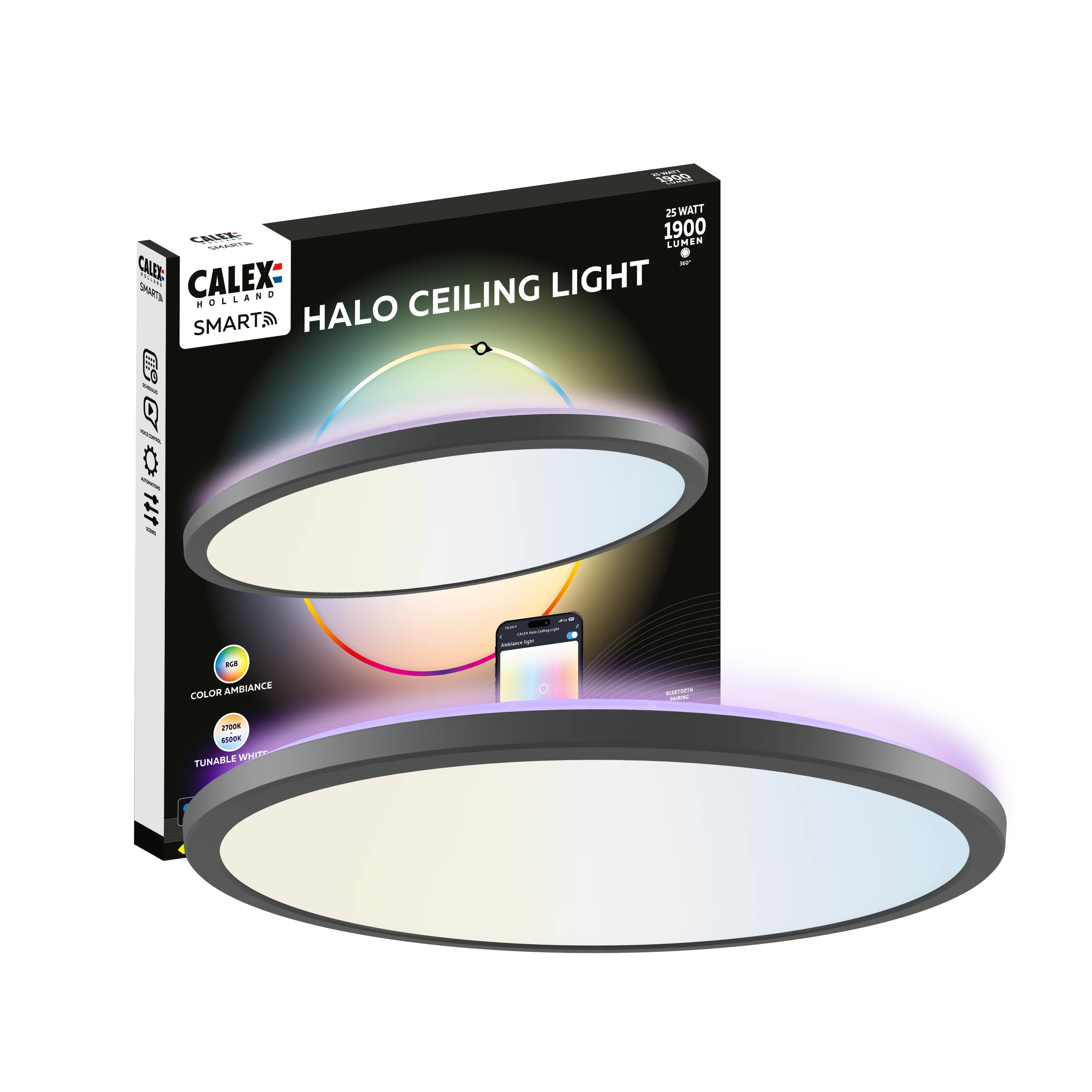 Calex Smart Halo Ceiling Light - 40cm - RGB + CCT - Black